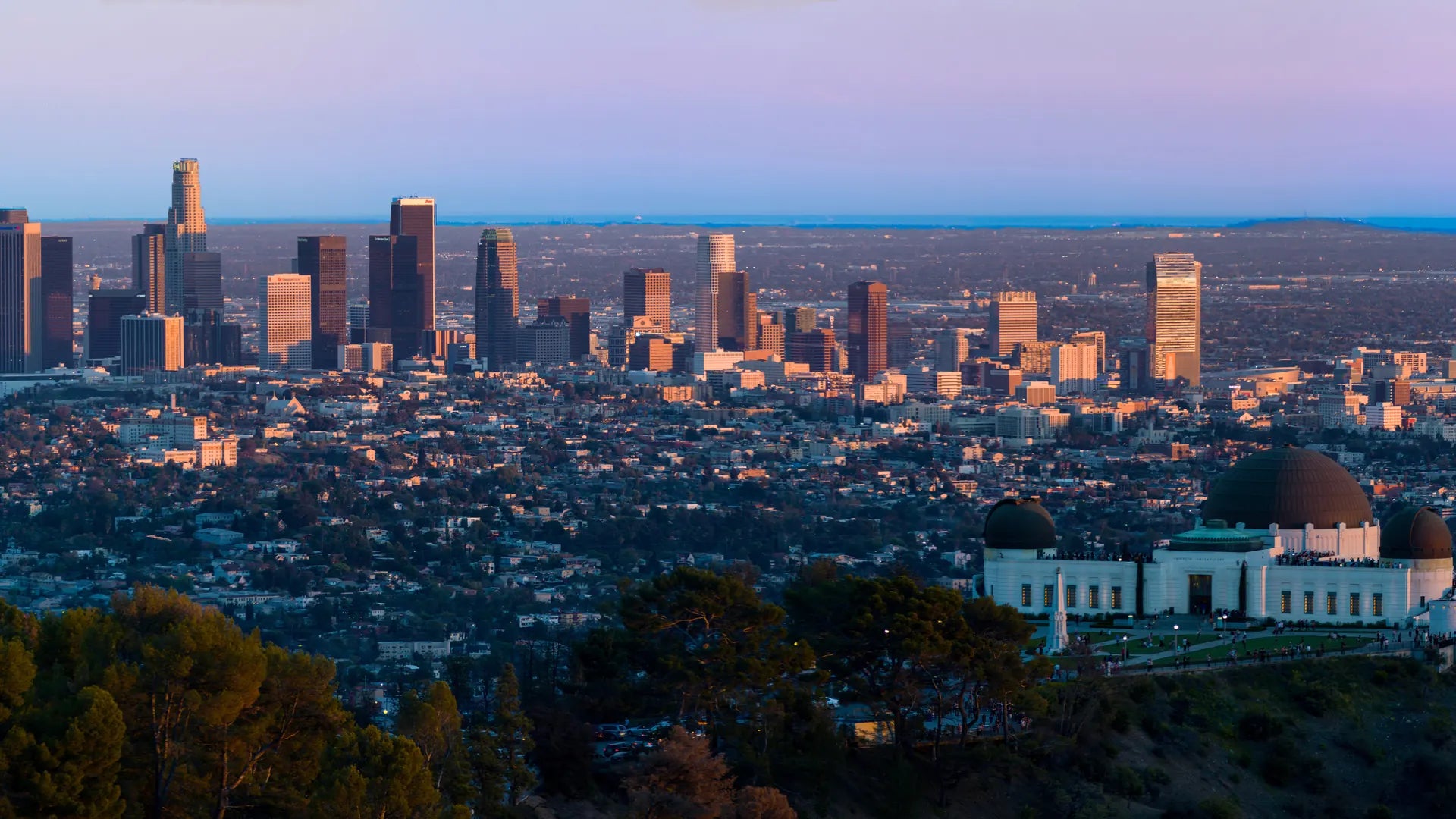 Los Angeles skyline and Griffith Observatory at dusk